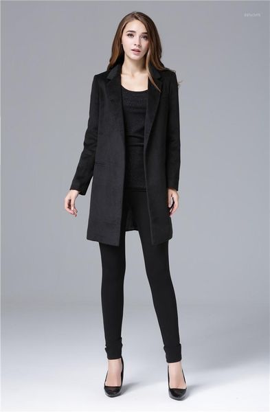 and chic celebrity all-match woolen medium long jacket1, Black