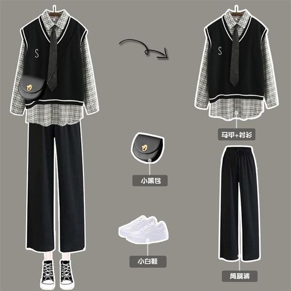 preppy women's three-piece suit spring autumn long-sleeved plaid shirt + knitted sweater vest casual wide-leg pants 220315, White
preppy women's three-piece suit spring autumn long-sleeved plaid shirt + knitted sweater vest casual wide-leg pants 220315, White