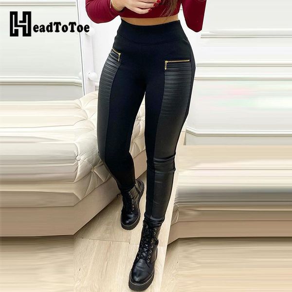 pu leather contrast zipper design high waist skinny pants, Black;white