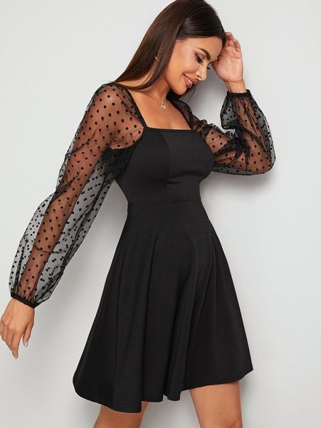 dobby mesh sleeve square neck dress she, Black;gray 
dobby mesh sleeve square neck dress she, Black;gray