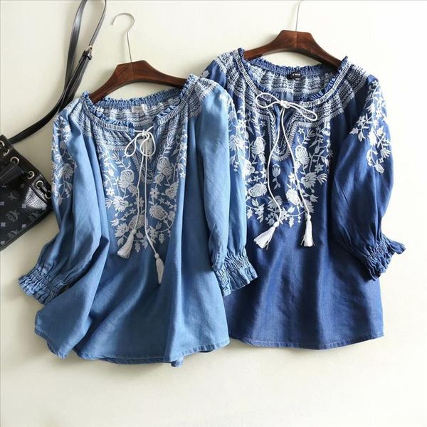 2021 new fashion spring casual denim shirt women v neck tassel loose boho ethnic vintage embroidery blouse blusa feminina, White
2021 new fashion spring casual denim shirt women v neck tassel loose boho ethnic vintage embroidery blouse blusa feminina, White