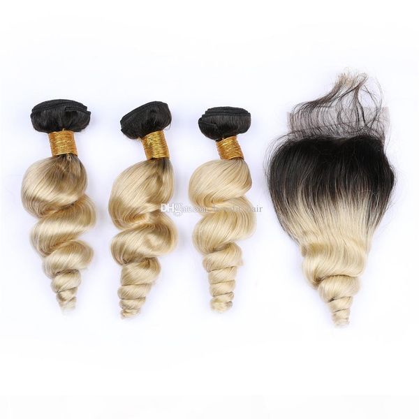 two tone 1b 613 hair weaves with lace closure ombre blonde color 1b 613 two tone closure with loose wave hair 3bundles, Black;brown 
two tone 1b 613 hair weaves with lace closure ombre blonde color 1b 613 two tone closure with loose wave hair 3bundles, Black;brown