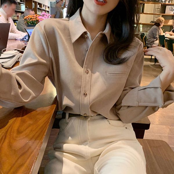 little bee ~ female autumn winter new 2020 long sleeve thickened shirt, White