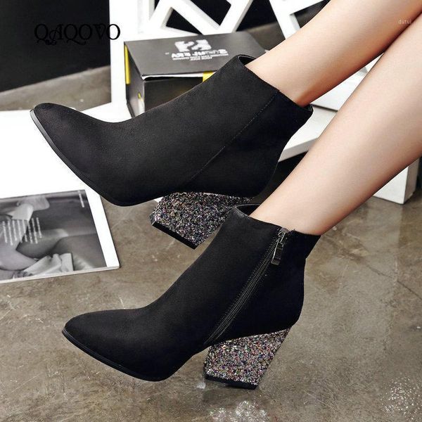 flock ankle boots women fashion sequined square high heels booties pointed toe zipper boots autumn winter ladies shoes1, Black 
flock ankle boots women fashion sequined square high heels booties pointed toe zipper boots autumn winter ladies shoes1, Black