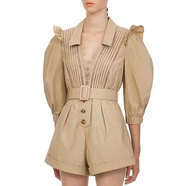women ruffles playsuit lace trim high waist belted tunic playsuit rompers high street, Black;white