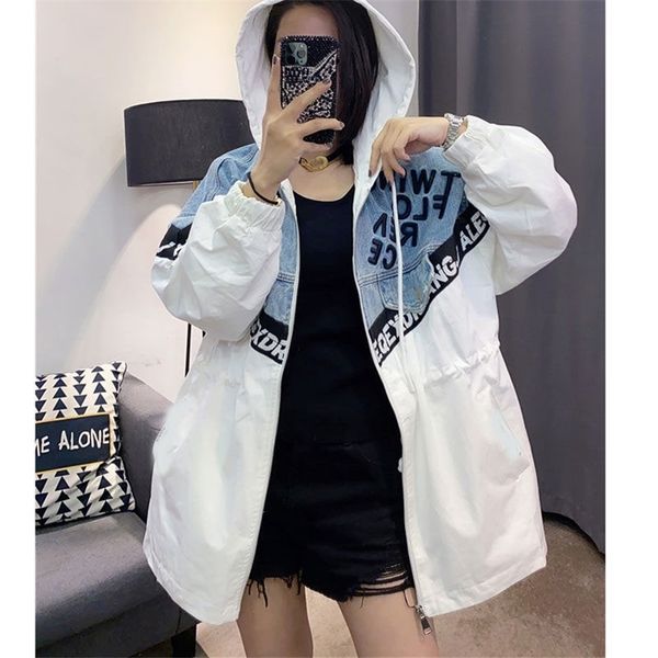 spring autumn women jacket coat new white drawstring stitching hooded mid-length denim clothings 201210, Black;brown
spring autumn women jacket coat new white drawstring stitching hooded mid-length denim clothings 201210, Black;brown