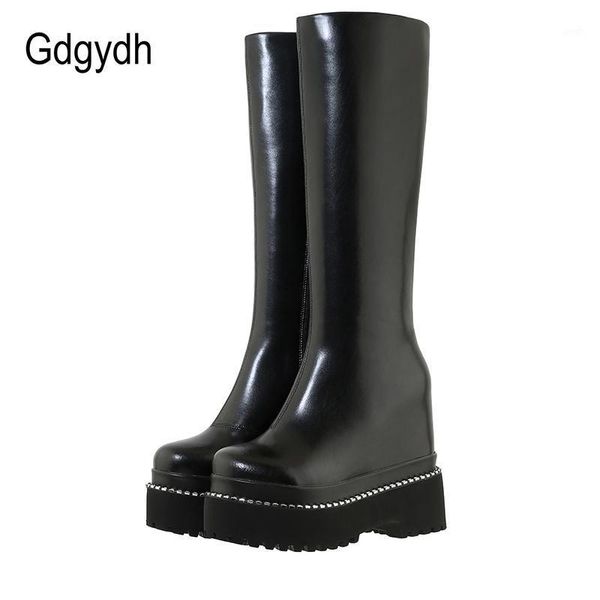 

boots gdgydh rivet knee high women punk height increasing genuine leather platform wedges winter shoes thick bottom zipper1, Black