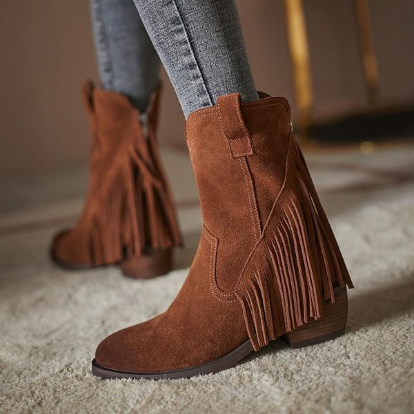genuine leather fringe mid-calf boots round toe thick heels shoes for women winter party dancing shoes woman, Black
genuine leather fringe mid-calf boots round toe thick heels shoes for women winter party dancing shoes woman, Black