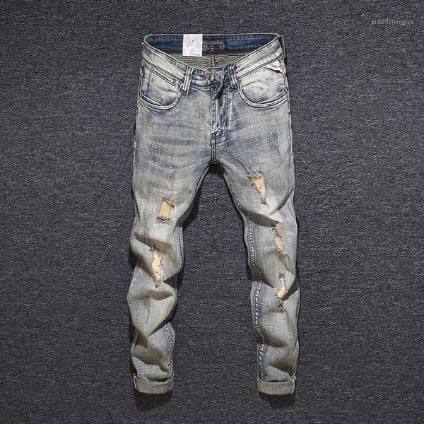 men's jeans italian style fashion men slim fit retro yellow washed elastic ripped hip hop pants vintage designer homme1, Blue
men's jeans italian style fashion men slim fit retro yellow washed elastic ripped hip hop pants vintage designer homme1, Blue