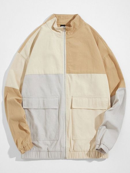 men flap pocket colorblock coat u8pb#, Black;brown 
men flap pocket colorblock coat u8pb#, Black;brown