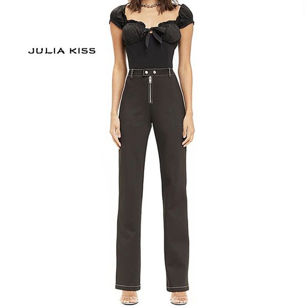 women high waist straight pant with contrast stitching side stripe stretch leg trouser, Black
women high waist straight pant with contrast stitching side stripe stretch leg trouser, Black