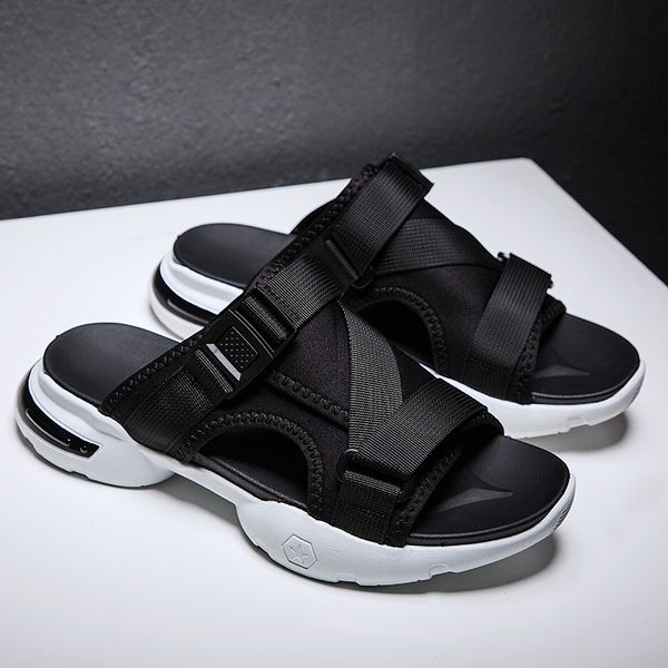 2020 thick heel man slippers antiskid slides cross tied knot slippers mesh belt shoes for summer beach footwears z382, Black