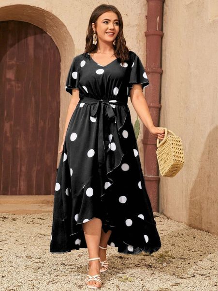 plus polka dot print v neck wrap hem belted dress 698i#, Black 
plus polka dot print v neck wrap hem belted dress 698i#, Black