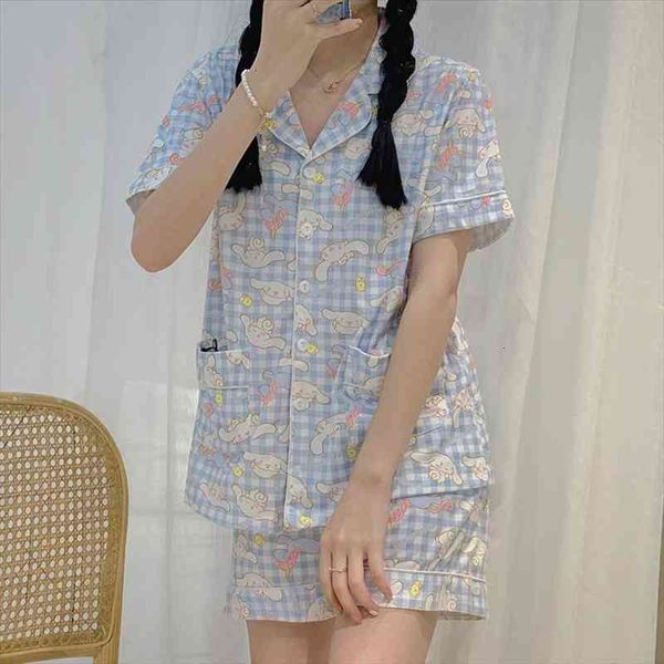 womens cute cartoon pajamas set turn-down collar pyjamas short sleeves suit soft female sleepwear summer homewear home services, Black;red 
womens cute cartoon pajamas set turn-down collar pyjamas short sleeves suit soft female sleepwear summer homewear home services, Black;red