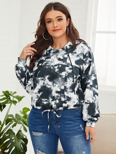 plus tie dye drop shoulder drawstring hem hoodie 47xu#, Black