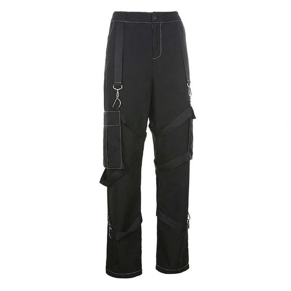 women metal bandages high waist multi pockets straight cargo pants trousers, Black;white
women metal bandages high waist multi pockets straight cargo pants trousers, Black;white