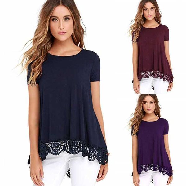 2020 new solid round neck short sleeve lace stitching loose women's t-shirt, Tan;black
2020 new solid round neck short sleeve lace stitching loose women's t-shirt, Tan;black