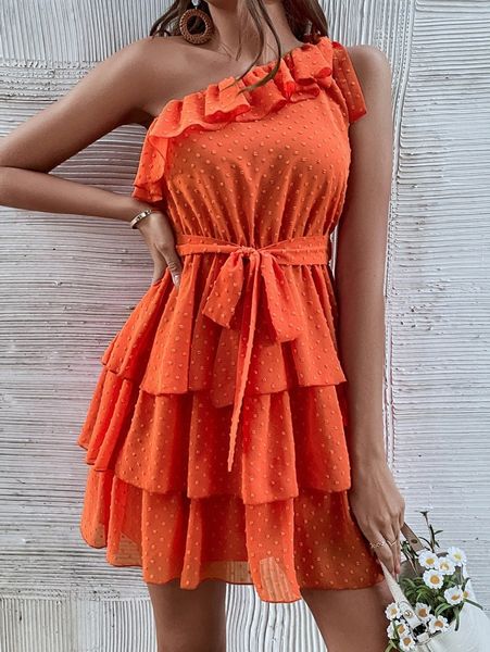 one shoulder swiss dot layered hem dress y4sp#, Black;gray 
one shoulder swiss dot layered hem dress y4sp#, Black;gray