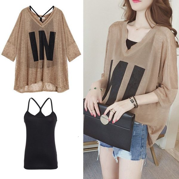 new female mode with garnish on v t-shirt letter + black sling set ladies two-piece casual joints plus size women streetwear 4xl ks9r, White
new female mode with garnish on v t-shirt letter + black sling set ladies two-piece casual joints plus size women streetwear 4xl ks9r, White