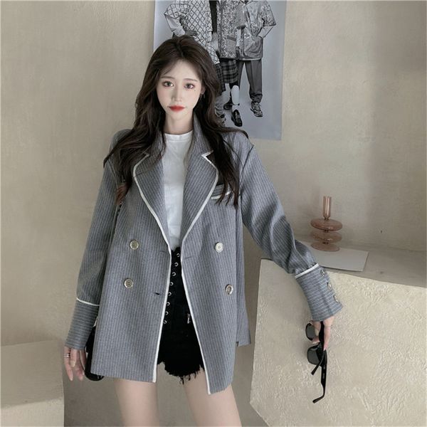 2021 new female large dimensions korean fall fashion double striped blazers chic gray high street autumn jackets lwcb, White;black
2021 new female large dimensions korean fall fashion double striped blazers chic gray high street autumn jackets lwcb, White;black