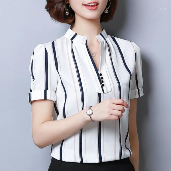 women's blouses & shirts blusas mujer de moda 2021 v neck office ladies print striped chiffon blouse women short sleeve plus size b438, White
women's blouses & shirts blusas mujer de moda 2021 v neck office ladies print striped chiffon blouse women short sleeve plus size b438, White