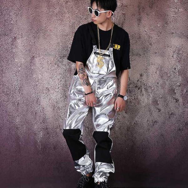 men streetwear silver leather overalls jumpsuit pant male women fashion casual bib pant harem trouser stage costume hip hop punk1, Black
men streetwear silver leather overalls jumpsuit pant male women fashion casual bib pant harem trouser stage costume hip hop punk1, Black
