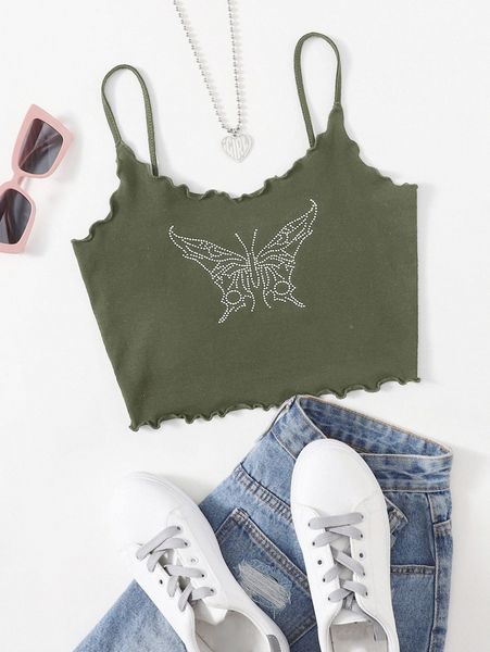 lettuce trim rhinestone butterfly crop cami l3pt#, White 
lettuce trim rhinestone butterfly crop cami l3pt#, White
