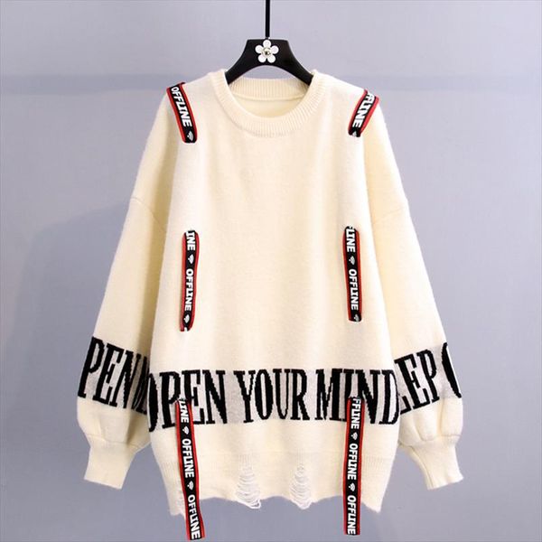 women new letter print hole knit jumper sweater 2020 drawstring decoration korean pullover casual knit sweater female, White;black
women new letter print hole knit jumper sweater 2020 drawstring decoration korean pullover casual knit sweater female, White;black