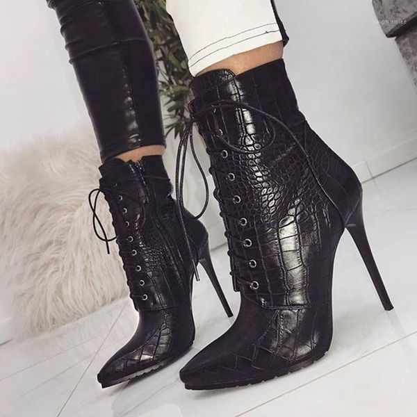 trendy black solid color textured leather women ankle boots pointed toe lace up short booties1
trendy black solid color textured leather women ankle boots pointed toe lace up short booties1
