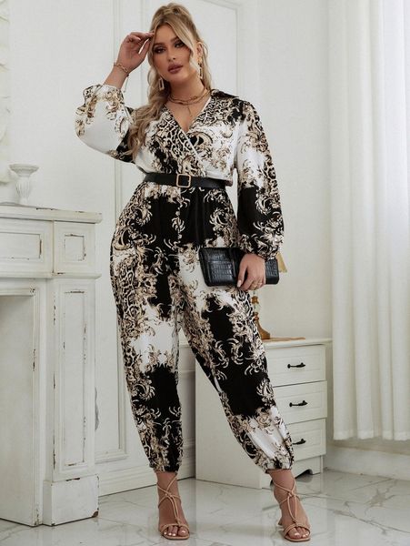 plus leopard and baroque print lantern sleeve jumpsuit without belt s614#, Black
plus leopard and baroque print lantern sleeve jumpsuit without belt s614#, Black