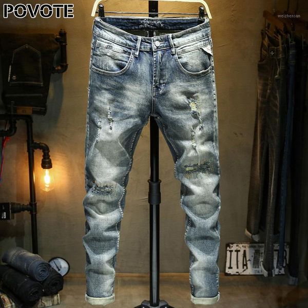 povote 2020 new jeans men's embroidered hole patch fashion men's retro pants european and american style trend design1, Blue
povote 2020 new jeans men's embroidered hole patch fashion men's retro pants european and american style trend design1, Blue