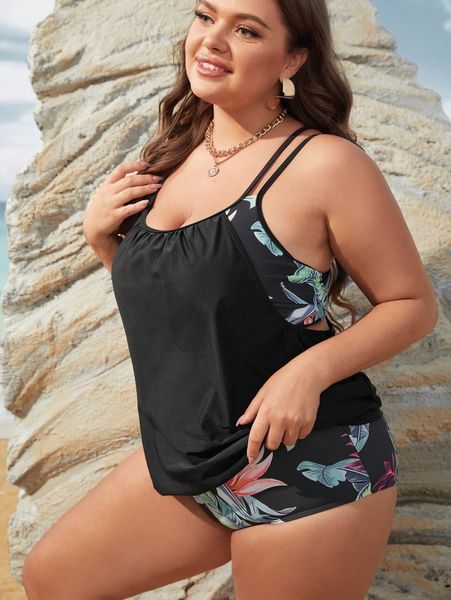 plus floral print high waisted bikini swimsuit u07f#, Black