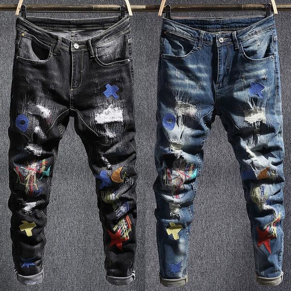 men's jeans american streetwear fashion men slim fit elastic ripped patches designer hip hop pencil pants, Blue
men's jeans american streetwear fashion men slim fit elastic ripped patches designer hip hop pencil pants, Blue