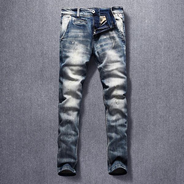men's jeans italian style fashion men elastic slim fit ripped casual denim pants retro vintage designer long trousers, Blue
men's jeans italian style fashion men elastic slim fit ripped casual denim pants retro vintage designer long trousers, Blue