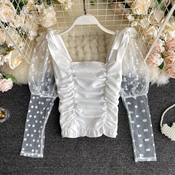 fashion long sleeve perspective polka dot mesh stitching retro square collar short women's backless shirt blouse h932, White
fashion long sleeve perspective polka dot mesh stitching retro square collar short women's backless shirt blouse h932, White