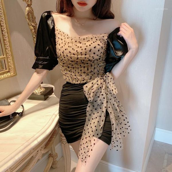 2020 korean new fashion summer polka dot mesh puff short sleeve patchwork bowknot elegant women blouses vintage shirts, White
2020 korean new fashion summer polka dot mesh puff short sleeve patchwork bowknot elegant women blouses vintage shirts, White