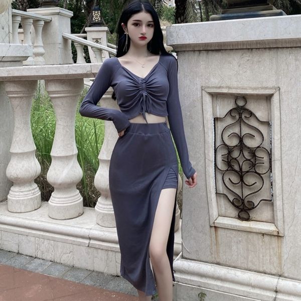 q1jsi autumn new skirt long body short drawstring body skirt sleeve skirtsplit waist slimming high v-neck two-piece suit for wom, Gray
q1jsi autumn new skirt long body short drawstring body skirt sleeve skirtsplit waist slimming high v-neck two-piece suit for wom, Gray