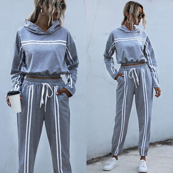 winter short sportswear stripe women's autumn hooded sweater casual pants 2-piece set, Gray
winter short sportswear stripe women's autumn hooded sweater casual pants 2-piece set, Gray