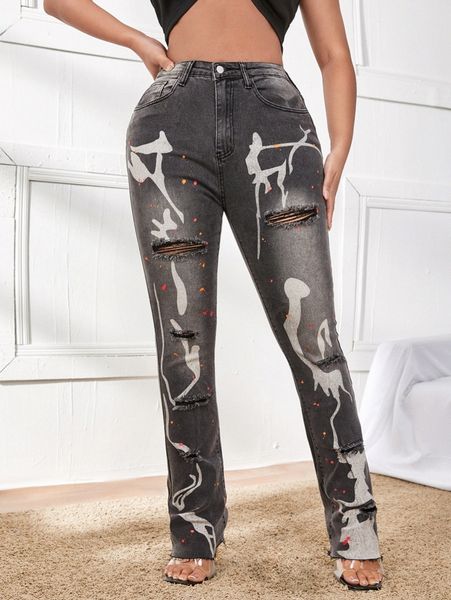 sxy ripped graphic print bootcut jeans u9el#, Blue