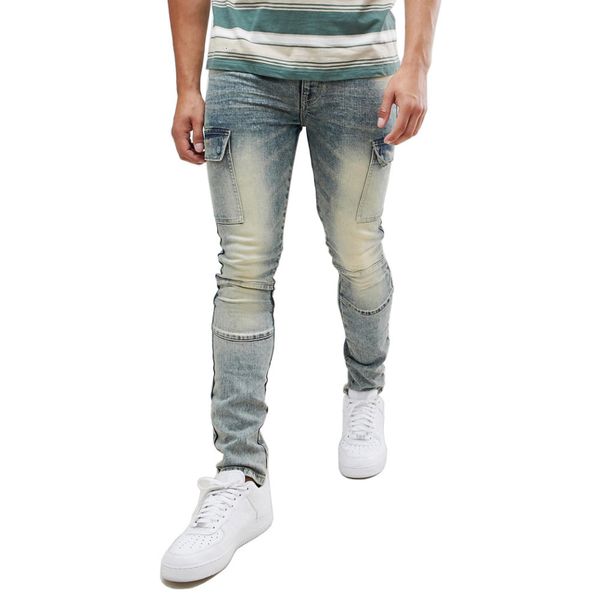 stretch men's jeans slim fit small leg multi poet cargo biker overalls, Blue 
stretch men's jeans slim fit small leg multi poet cargo biker overalls, Blue