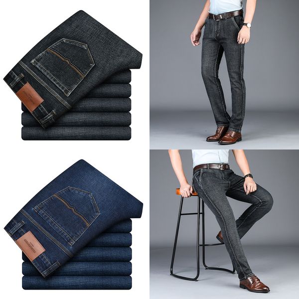 men's straight business jeans 2019 autumn winter new blue gray elastic denim pants male brand trousers q0105, Black;white