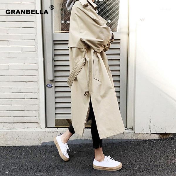 

spring autumn new women's casual trench coat oversize double breasted vintage outwear sashes chic cloak female windbreaker1, Tan;black
