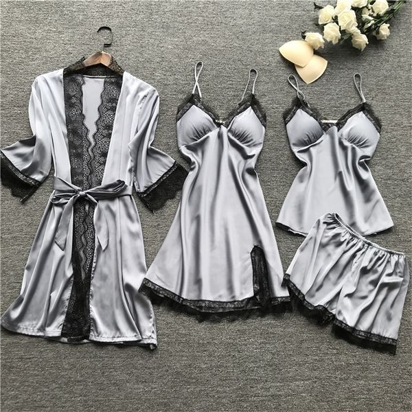 womens pajamas summer silk pyjama satin pijama set women sleepwear lingerie 4 pcs sets home wear femme night suits y200708, Black;red
womens pajamas summer silk pyjama satin pijama set women sleepwear lingerie 4 pcs sets home wear femme night suits y200708, Black;red