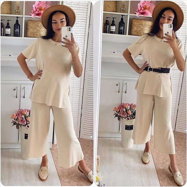 fashion knitting suit womens mid length solid color loose split sweater high waist lace up trousers two piece set, Gray
fashion knitting suit womens mid length solid color loose split sweater high waist lace up trousers two piece set, Gray