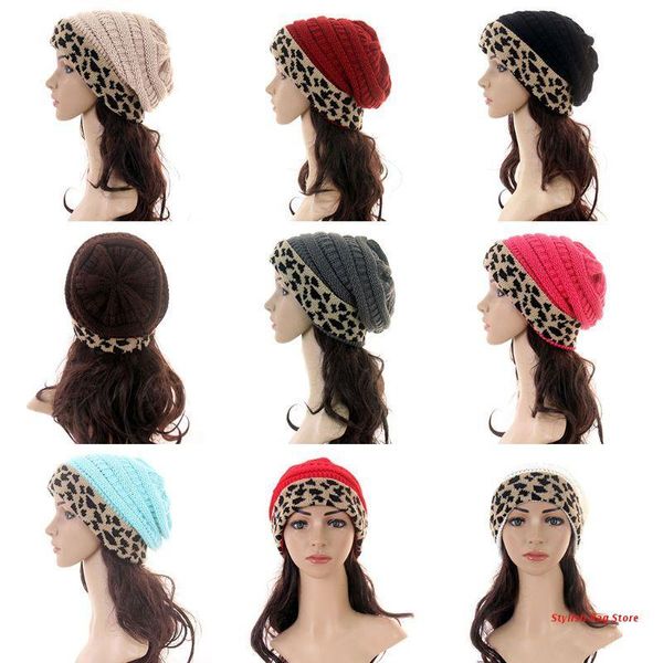 beanie/skull caps women winter warm chunky knit skull cap leopard cuffed stretchy baggy beanie hat, Blue;gray 
beanie/skull caps women winter warm chunky knit skull cap leopard cuffed stretchy baggy beanie hat, Blue;gray