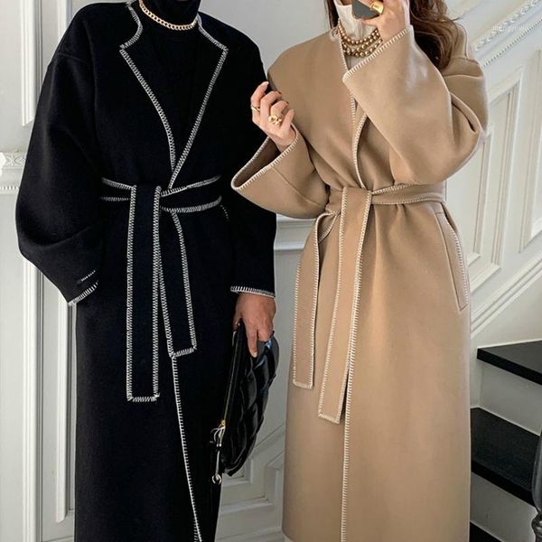 women autumn winter vintage open-line design long wool coat jacket with belt woolen overcoat outerwear cardigan1, Black
women autumn winter vintage open-line design long wool coat jacket with belt woolen overcoat outerwear cardigan1, Black