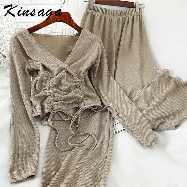 korean 2 pieces knitting lounge set v neck drawstring lace up long sleeve crop high waist wide leg pants solid women sets 201119, White
korean 2 pieces knitting lounge set v neck drawstring lace up long sleeve crop high waist wide leg pants solid women sets 201119, White