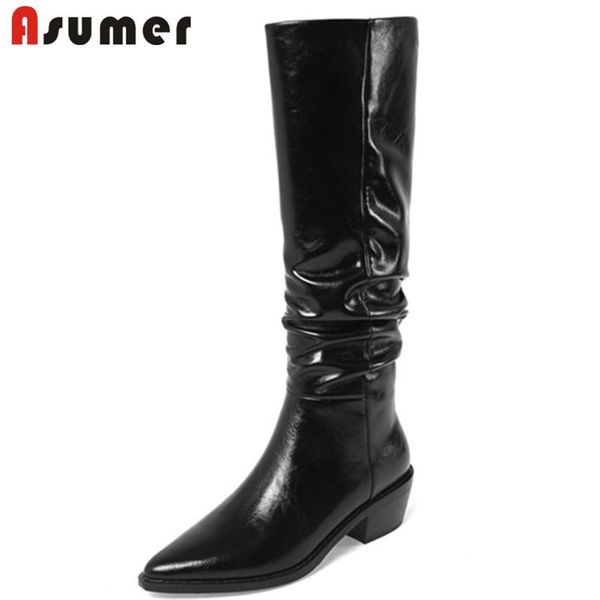 asumer 2021 full genuine leather shoes women knee high boots pointed toe pleated fashion cowboy western boots woman, Black
asumer 2021 full genuine leather shoes women knee high boots pointed toe pleated fashion cowboy western boots woman, Black