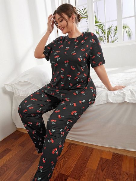 plus cherry print tee & pants pj set 62hz#, Black;white