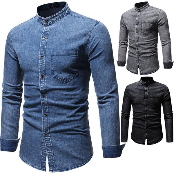men's casual shirts denim male 2021 korean fashion washed jean shirt mandarin collar long sleeve thin clothing n5244, White;black
men's casual shirts denim male 2021 korean fashion washed jean shirt mandarin collar long sleeve thin clothing n5244, White;black